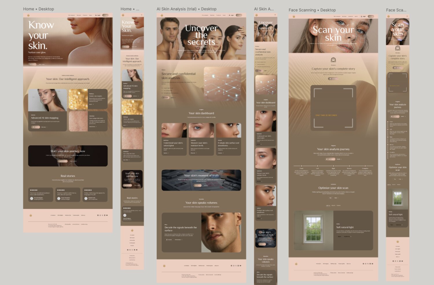 Final home, AI skin analysis and face-scanning pages in desktop and mobile