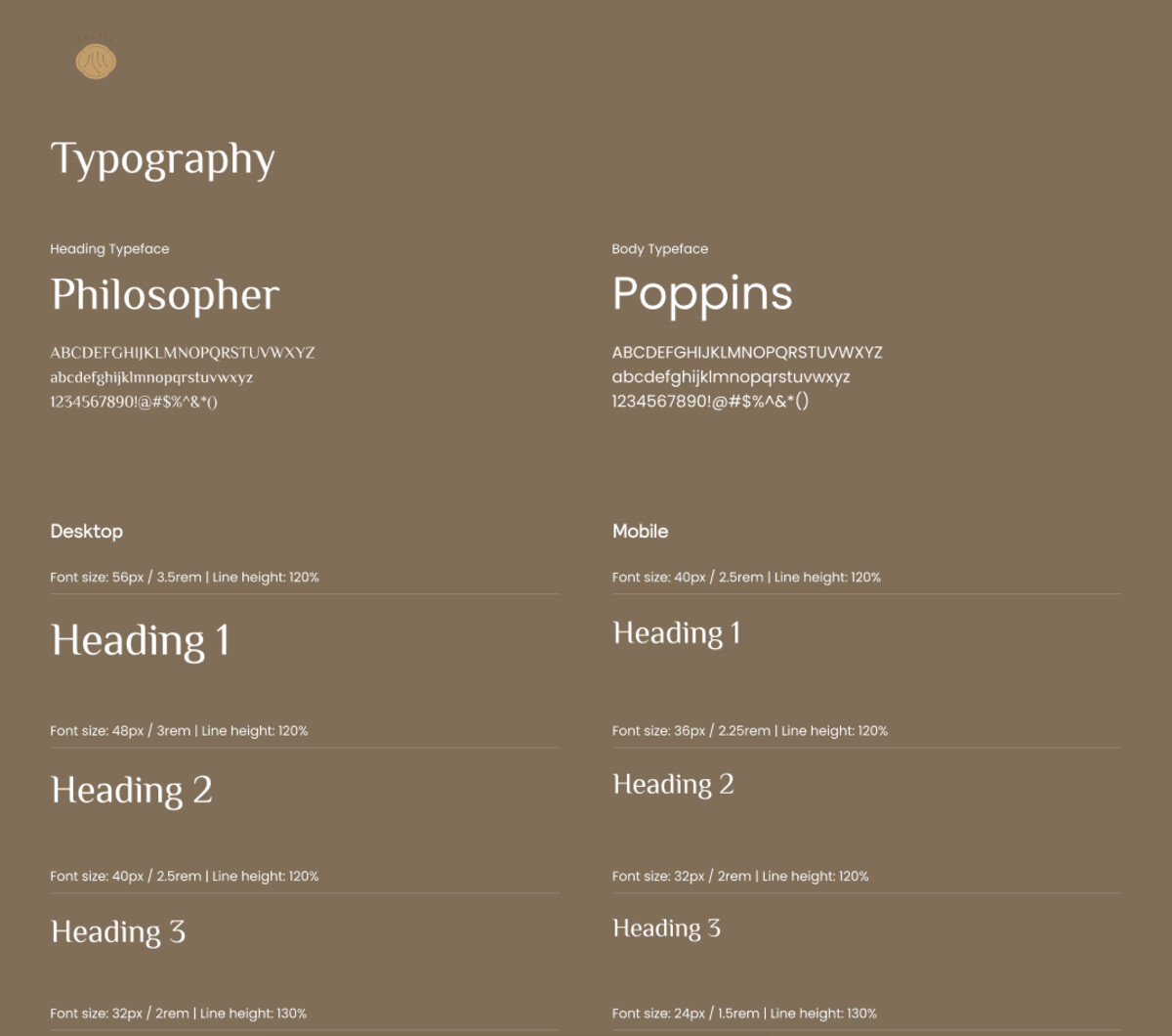 Typography system — Philosopher headings and Poppins body, with the desktop and mobile type scale