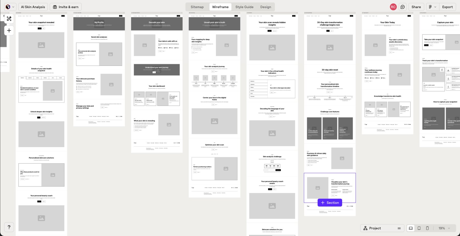 Full low-fidelity wireframe board covering every screen of the flow