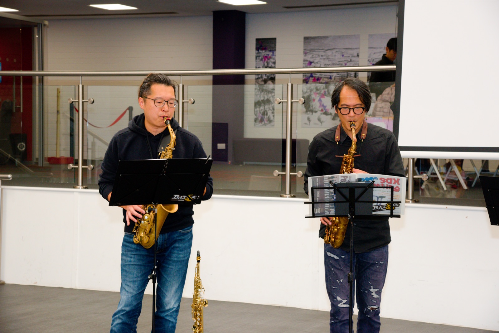 Saxophone duo performing live